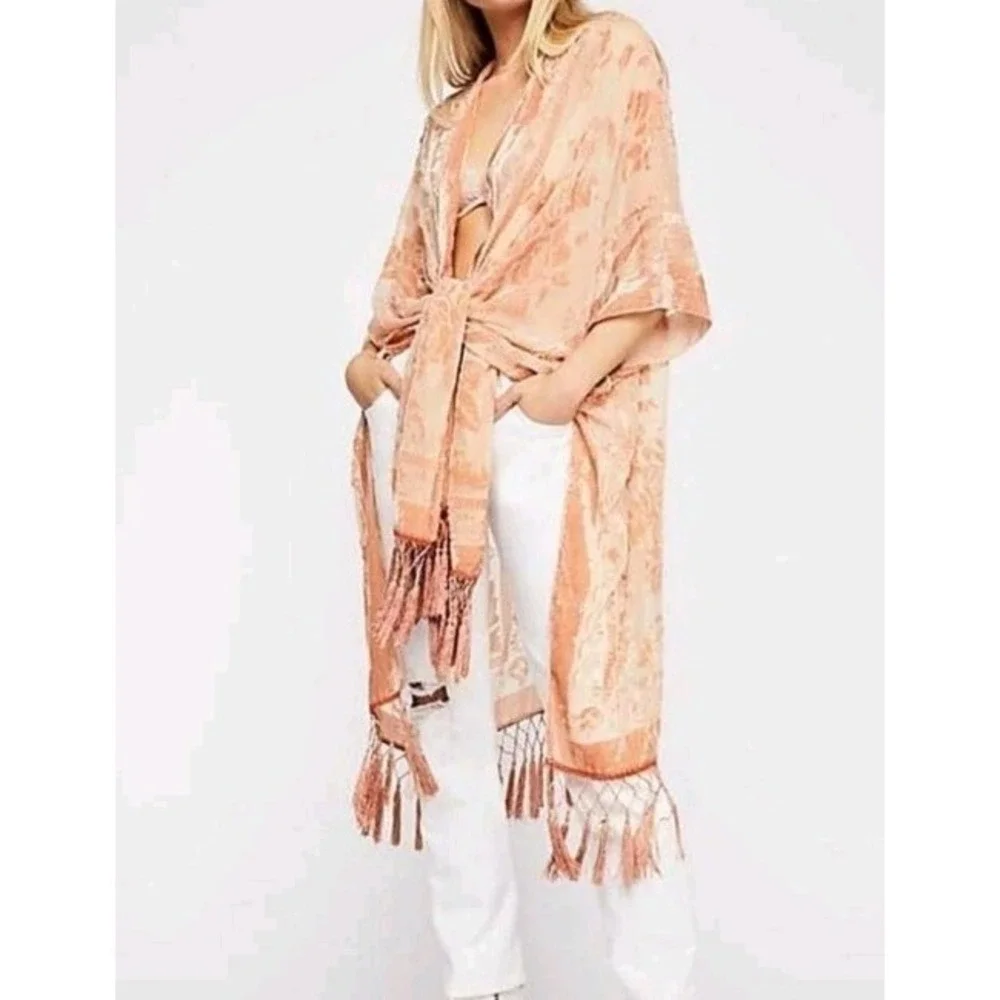 Free People Women Ivory Nightbird Sheer Velvet Flower Tassel Kimono Wrap Shawl